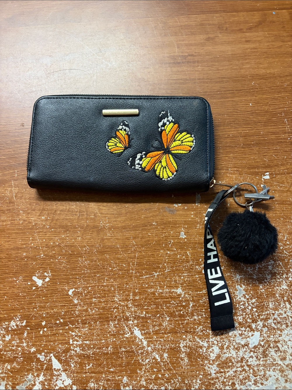 Black Wallet with Yellow-Orange Butterfly Embroidery